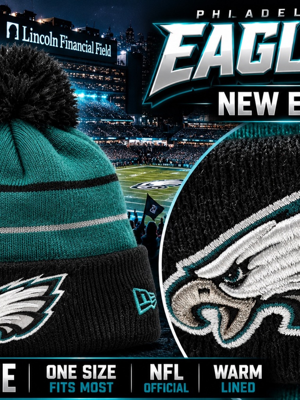 Philadelphia Eagles New Era NFL Pom Beanie Knit Hat Teal Black One Size